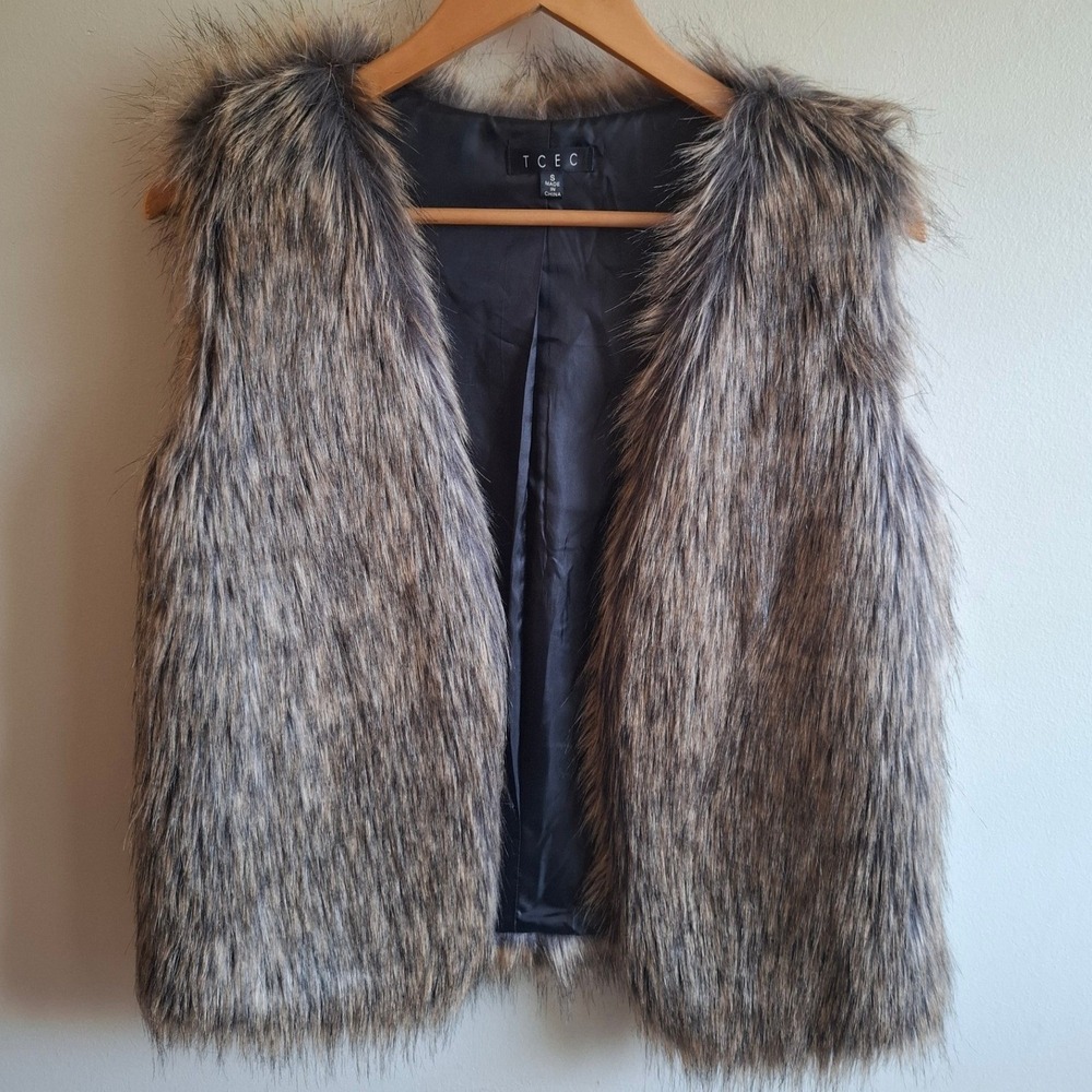 TCEC Y2K Indie Sleaze Faux Fur Vest Womens Brown Festival Western Mob Wife Sz S
